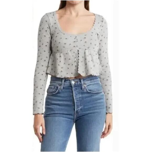 KIRIOUS Women's Long Sleeve Button Front Crop Top Size S In Grey Multi - Picture 1 of 7